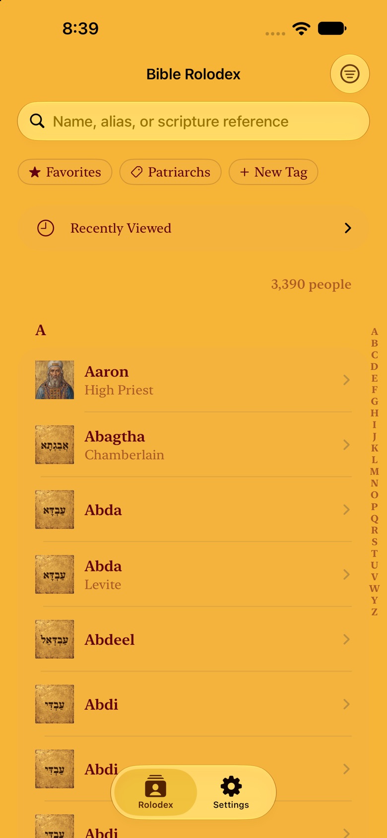 Bible Rolodex main screen